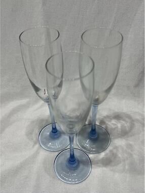 Vintage Crystal Blue Stemmed Flute/Champagne Glasses from France Set of 3